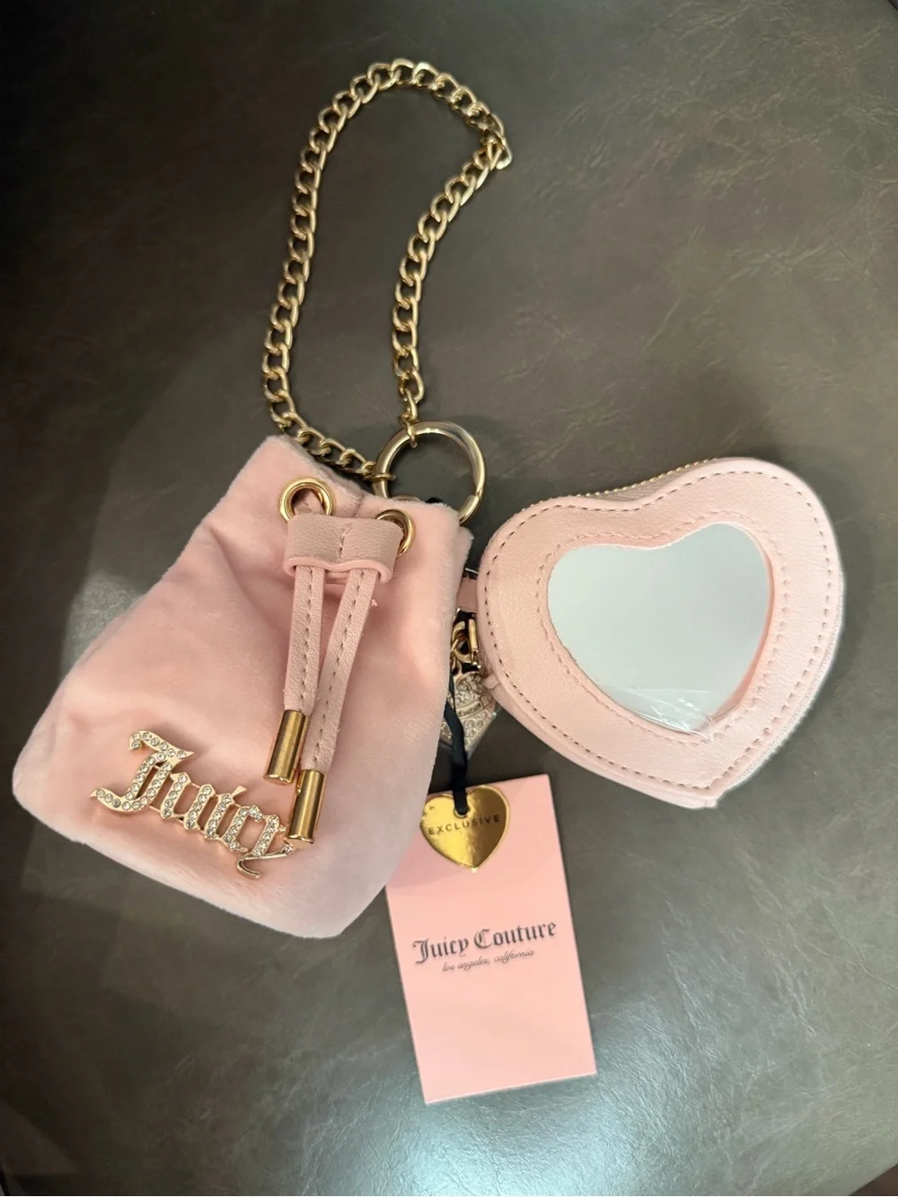 Juicy Couture Pink Velvet Drawstring Pouch with Heart Mirror Keychain